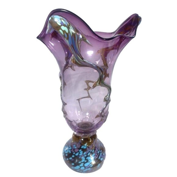 Unique 13 X 7.5 Purple Art Deco Murano Vines Confetti Centerpiece Vase Vintage - Picture 6 of 16
